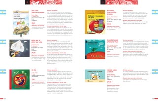 TIC TAC
Luján, Jorge
Il. Isol
Córdoba: Comunicarte, 2011
No numerado
PEQUEÑO DRAGÓN
APRENDE A VOLAR
Pérez Aguilar, Graciela
Il. Natalia Colombo
Buenos Aires: Edelvives, 2010
No numerado
SÍNTESIS ARGUMENTAL
¿Cuánto me quieres, mamita? ¿Quién no lo ha pre-
guntado alguna vez? ¿Quién no ha esperado un amor
inconmensurable? ¿Quién no lo espera? Un amor sin
medida, sin razón, que solo cabe en el corazón de
una madre. Bello, simple, como muchas de las cosas
importantes en la vida. Una canción de cuna para
irse a dormir con una caricia.
ALGUNAS CARACTERÍSTICAS DE ESTE LIBRO
Tapas duras para un libro de tamaño pequeño, para
guardar en el bolsillo, en la cartera, en el corazón.
Poesía para los más chiquitos, para cantar, para arru-
llar, para consolar, para compartir un bello modo de
decir “Te quiero”. Las ilustraciones salen de límites,
desafiantes como el amor. Al final, una referencia para
escuchar la versión musicalizada.
SÍNTESIS ARGUMENTAL
Ha llegado la hora de que el pequeño dragón aprenda
a volar. Los padres lo advierten y presionan dando
clases teóricas muy completas. Pero el dragoncito no
lo logra y, frustrado, se lo cuenta a su amiga maripo-
sa. Ella jugando lo incita a volar y juntos descubren
que lo que necesitaba era tiempo y paciencia.
ALGUNAS CARACTERÍSTICAS DE ESTE LIBRO
Precioso libro-álbum. Con tipografía grande y en
mayúsculas el texto va complementándose con las imá-
genes para tramar la sencilla y contundente historia.
PRINCIPALES EJES TEMÁTICOS
Poesía. Sentimientos. Afectos.
Amor.
PRINCIPALES EJES TEMÁTICOS
Aprendizaje. Crecimiento.
2322
a a
CUANDO LLEGA
LA NOCHE
Méndez, Natalia
Il. Cristian Turdera
Buenos Aires: Sudamericana,
2006
8 páginas
SÍNTESIS ARGUMENTAL
Las rutinas de algunos animales domésticos y otros
muy conocidos por los niños antes de dormir. Imáge-
nes que se interrelacionan a través de ideas en torno
a disponerse al descanso.
ALGUNAS CARACTERÍSTICAS DE ESTE LIBRO
Libro-objeto con almohadilla. Para recrear y jugar
antes de dormir.
PRINCIPALES EJES TEMÁTICOS
Entretenimiento.
Acompañamiento. Juegos.
Recreación e invención.
Imaginación. Fantasía.
(MLM)
UNA LUNA
JUNTO A LA LAGUNA
Basch, Adela
Il. Alberto Pez
Buenos Aires: Ediciones SM,
2002
63 páginas
SÍNTESIS ARGUMENTAL
Una rana chiquita no sabe nada del mundo que la
rodea. Su familia le enseña cúales son los elementos
de la naturaleza y del mundo, especialmente la luna.
Un gatito chiquito descubre qué es una naranja, un
ratón, un gusano o la luna. Cerca de donde han naci-
do la rana y el gato, una paloma chiquita conoce las
cosas de la vida y también, la luna. Se encuentran
los tres y todos juntos aprenden, finalmente, que la
luna puede tener formas diferentes.
ALGUNAS CARACTERÍSTICAS DE ESTE LIBRO
Un relato poético que recurre a la síntesis y la rima
con un lenguaje depurado y sencillo, ideal para relatar
en voz alta a los más pequeños. Su estructura respon-
de a tres historias paralelas que se amalgaman en el
desenlace. Las ilustraciones crean personajes que tras-
cienden pureza y aportan al clima afable del cuento.
PRINCIPALES EJES TEMÁTICOS
Crecimiento. Descubrir el mun-
do. Diversidad de criterios.
(NLS)
BELISARIO
Y LOS ESPEJOS
DE AGUA
Ramos, María Cristina
Il. Perica
Buenos Aires: Alfaguara, 2003
40 páginas
SÍNTESIS ARGUMENTAL
Un gusano desea beber y sale a cumplir con su
cometido. En el camino se encuentra con otros per-
sonajes entrañables que le permiten soñar y jugar.
Mientras vivencia espejismos y resuelve distintas
peripecias comprende el valor de la amistad.
ALGUNAS CARACTERÍSTICAS DE ESTE LIBRO
Clima poético, tierno y colorido, ideal para los más
pequeños, por el mundo maravilloso que revela.
PRINCIPALES EJES TEMÁTICOS
El valor de la amistad. El afec-
to. La solidaridad.
(MLM)
AVIÓN QUE VA,
AVIÓN QUE LLEGA
Devetach, Laura
Il. Istvansch
Buenos Aires: Del Eclipse,
2009
40 páginas
SÍNTESIS ARGUMENTAL
Un poema inicial abre las compuertas del “libro
avión”, donde poemas simples se entrelazan con ver-
sos de la tradición popular, onomatopeyas, expresio-
nes jocosas y figuras se van delineando al ritmo del
contenido. Poemas breves de métrica irregular y rima
libre, con preguntas retóricas e imágenes relaciona-
das al mundo sensorial.
ALGUNAS CARACTERÍSTICAS DE ESTE LIBRO
El libro está diseñado de manera tal que se leen los
poemas en un sector de la página y en otro, muestra
formatos para recortar y hacer avioncitos. En las
páginas finales están las instrucciones para su arma-
do; también espacios, fotos y dibujos donde escribir
y jugar a intercambiar aviones cargados de poemas
(propios y ajenos).
PRINCIPALES EJES TEMÁTICOS
Poemas para jugar. Humor crea-
tivo. Juegos de palabras. Inge-
nio y entretenimiento.
(MLM)
(CM)
(GB)
 