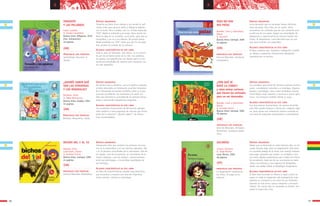 2726
a a
TOMASITO
Y LAS PALABRAS
Cabal, Graciela
Il. Sandra Lavandeira
Buenos Aires: Alfaguara, 2010
(5ta. reimpresión)
40 páginas
SÍNTESIS ARGUMENTAL
Tomasito ya tiene cinco dientes y ha crecido lo sufi-
ciente como para pararse solito y dibujarse bigotes
con la leche. Pero a hablar, aún no. A todo responde
“COY”. Nadie lo entiende y se enoja. Hace mucho lío.
Mami lo deja en su corralito, en el patio, para que se
tranquilice, y se va a sus labores. De pronto llueve.
Nadie entiende sus “COY” hasta que por fin las pala-
bras asoman al compás de los abrazos.
ALGUNAS CARACTERÍSTICAS DE ESTE LIBRO
Toda la serie de Tomasito –seis libros– es un recorri-
do por los primeros pasos en la vida. Las palabras,
los gestos, las experiencias van dando marco a una
secuencia entrañable de cuentos para compartir con
los más pequeños.
PRINCIPALES EJES TEMÁTICOS
Aprendizaje. Descubrir el
mundo.
(GB)
¿QUERÉS SABER QUÉ
SON LAS VITAMINAS
Y LOS MINERALES?
Bombara, Paula
Il. Pablo Bernasconi
Buenos Aires: Eudeba, 2004
32 paginas
ESAS NO SON
MIS PATAS
Baredes, Carla y Lotersztain,
Ileana
Il. Itsvanch
Buenos Aires: Iamiqué, 2009
24 páginas
BICHOS DEL 1 AL 10
Baredes, Carla
Lotersztain, Ileana
Il. Gustavo Encina
Buenos Aires: Iamiqué, 2009
24 páginas
SÍNTESIS ARGUMENTAL
De manera clara y atractiva, con una gráfica coloquial,
el texto desarrolla un interesante recorrido interpelan-
do e informando de manera científica cómo es el pro-
ceso del crecimiento, los nutrientes y la salud. Un
libro que alimenta la curiosidad de los lectores formu-
lando y resolviendo inquietantes preguntas.
ALGUNAS CARACTERÍSTICAS DE ESTE LIBRO
Las excelentes ilustraciones de Bernasconi agregan
valor estético a esta propuesta de ciencias que forma
parte de la colección "¿Querés saber?", de títulos
muy recomendables.
SÍNTESIS ARGUMENTAL
Lucía descubre que los animales tienen distintos
tipos de patas. Esta niña, en un sueño, tiene
encuentros con animales que les van contando acer-
ca del uso de sus patas. Según sus necesidades de
adaptación y supervivencia los marcan huellas dis-
tintas. Al despertarse, Lucía descubre que sus pro-
pios pies también son especiales.
ALGUNAS CARACTERÍSTICAS DE ESTE LIBRO
El libro combina arte, fantasía e indagación científi-
ca. Bellas y sugestivas ilustraciones despiertan
inquietud por su lectura.
SÍNTESIS ARGUMENTAL
Interesante libro que combina las primeras incursio-
nes en la matemática y en las ciencias naturales. Del
1 al 10 plantea curiosidades de la naturaleza: vida de
las abejas, cola de escorpiones, el crecimiento de la
mantis religiosa, ¿ven las arañas?, comunicaciones
entre las luciérnagas, o invencibles mandíbulas de
las hormigas.
ALGUNAS CARACTERÍSTICAS DE ESTE LIBRO
Un libro de caracterísiticas visuales muy atractivas,
que encuentra y muestra una relación ingeniosa
entre ciencias, números y naturaleza.
PRINCIPALES EJES TEMÁTICOS
Biología. Bioquímica. Salud.
PRINCIPALES EJES TEMÁTICOS
Ciencias Naturales. Anatomía
comparativa.
PRINCIPALES EJES TEMÁTICOS
Ciencias Naturales. Matemática.
¿POR QUÉ SE
RAYÓ LA CEBRA?
y otras armas curiosas
que tienen los animales
para no ser devorados
Baredes, Carla y Lotersztain,
Ileana
Il. Gonzalo García
Buenos Aires: Iamiqué, 2005
59 páginas
SÍNTESIS ARGUMENTAL
Los animales reaccionan de diversas maneras frente a
pares, a predadores naturales o a enemigos. Algunos
apelan a camuflajes, otros como verdaderos actores
hasta fingen estar muertos, o recurren a olores apes-
tosos. Los humanos también tienen lo suyo…
ALGUNAS CARACTERÍSTICAS DE ESTE LIBRO
Con muy buenas ilustraciones, de manera divertida
este libro puede empezar a leerse por cualquier pági-
na, pues posee una coherencia interna centrada en
una serie de preguntas estimulantes y orientadoras.
PRINCIPALES EJES TEMÁTICOS
Ciencias Naturales. Animales.
Mimetismo. Conductas defen-
sivas.
(GB)
(GB)
(GB)
(GB)
ZACARÍAS
Linares, Verónica
Il. Jorge Butrón
Lima: Norma, 2009
48 páginas
SÍNTESIS ARGUMENTAL
Relato que se desarrolla en siete intensos días, en los
cuales Zacarías deja volar su imaginación: dice tener
un cocodrilo debajo de la cama, una naranja inmensa
para jugar, girasoles que cantan, un azulapio y vive
con estos objetos experiencias que a todos los chicos
les encantaría. Cada una de sus ocurrencias se mate-
rializa con pinturas y una máquina de fotografías,
dando una salida creíble al despliegue imaginativo.
ALGUNAS CARACTERÍSTICAS DE ESTE LIBRO
El libro está ilustrado en blanco y negro y esto no
opaca en nada el imaginario del protagonista cuyo
objetivo es convencer a los otros de sus fantasías.
Zacarías es hijo único, busca compañía y reconoci-
miento. Un cuento que va creciendo en interés, ten-
sando la trama día a día.
PRINCIPALES EJES TEMÁTICOS
La imaginación creadora de
los niños. El juego en la
infancia.
(GP)
 