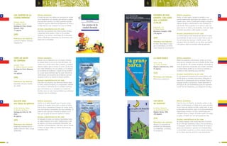 7170
b b
COMO UN SALTO
DE CAMPANA
Carvajal, Víctor
Il. Catalina Guevara Guzmán
Santiago de Chile: Alfaguara,
1992
143 páginas
SÍNTESIS ARGUMENTAL
Pancho vive en Alemania con sus padres chilenos.
Su abuelo Patricio vive en las islas de Chiloé. Las
cartas van y vienen entre nieto y abuelo, y también
algunos regalos que el anciano le envía. Un día Pan-
cho visita Dinamarca con sus padres y ve la estatua
de la Sirenita de Andersen. A partir de ese momen-
to, y esos mares distintos que los unen, Pancho se
reencontrará con esa parte de la historia y querrá
recuperar junto a su abuelo el tiempo perdido.
ALGUNAS CARACTERÍSTICAS DE ESTE LIBRO
Este libro nos presenta una amorosa historia abue-
lo-nieto: desde el respeto y la complicidad. También
nos muestra la dificultad de los exiliados políticos
para reinsertarse en su sociedad y la contención
familiar como un valor imprescindible para enfrentar
cualquier tipo de problemas.
PRINCIPALES EJES TEMÁTICOS
Identidad. Vínculos familia-
res. Exilio.
(AD)
SÍNTESIS ARGUMENTAL
Gallito es un gallo pequeño que no quiere cantar
porque no lo puede hacer como su padre le indica.
Esto lo lleva a abandonar el hogar sin rumbo cierto
y en ese intento se encuentra con otros animales. El
padre lo sale a buscar y estando el peligro, es el
hijo con la ayuda de terceros quienes lo salvan.
ALGUNAS CARACTERÍSTICAS DE ESTE LIBRO
El lenguaje en todos sus matices funcionales tiene
un papel atrayente en la obra. Explicaciones a pié
de página y de frases socialmente difundidas son
aclaradas contextualmente. Este libro obtuvo Premio
El Barco de Vapor 2006 y el Premio Municipal de
Literatura 2007.
GALLITO JAZZ
Una fábula de gallinero
Jordán Jiménez, Felipe
Il. Roberto del Real E.
Santiago de Chile: Ed. SM,
2010
94 páginas
PRINCIPALES EJES TEMÁTICOS
Exigencia y presiones de los
adultos sobre los niños. Coraje.
Solidaridad.
(GP)
LOS CUENTOS DE LA
CIUDAD DORMIDA
Hidalgo, Héctor
Il. Antonio Castell
Santiago de Chile: Arrayán
Editores, 2003
77 páginas
SÍNTESIS ARGUMENTAL
A través de estos tres relatos nos acercamos al mundo
de la imaginación con duendes que hechizan a padres
para que lean cuentos a sus hijos, gremlins que des-
componen aparatos eléctricos persiguiendo sus fines y
el Viejo del Saco que comparte una cena en familia.
ALGUNAS CARACTERÍSTICAS DE ESTE LIBRO
Este libro nos presenta una crítica al poco tiempo
compartido entre padres e hijos en la sociedad
moderna y nos acerca a personajes de la literatura
clásica infantil que interactúan en situaciones coti-
dianas de la actualidad.
PRINCIPALES EJES TEMÁTICOS
Lectura en familia. Fantasía.
Imaginación
(AD)
HISTORIA DE UNA
GAVIOTA Y DEL GATO
QUE LE ENSEÑÓ
A VOLAR
Sepúlveda, Luis
Il. Miles Hyman
Barcelona: Tusquets, 2000
138 páginas
SÍNTESIS ARGUMENTAL
Zorbas, un gato negro y grande le promete a una
gaviota empetrolada agonizante que cuidará a su cría
cuando nazca. Junto a cuatro gatos amigos consigue el
objetivo de darle a Afortunada un sitio habitable en
este mundo. Pero la gaviota no se anima a volar. Los
gatos buscan en libros y enciclopedias, hasta que llega
el hombre que podrá y sabrá ayudar: un poeta.
ALGUNAS CARACTERÍSTICAS DE ESTE LIBRO
La novela trata en todo momento de valorizar la pala-
bra empeñada, el amor al otro y sobre todo es una crí-
tica al hombre que destruye el medio natural. Cada
momento tiene una relación con los libros que ayudan
a los gatos a saber lo necesario sobre las gaviotas .
PRINCIPALES EJES TEMÁTICOS
El amor. Diversidad. El amor
por la naturaleza. Los libros
como fuente de conocimiento.
(GP)
LA GRAN BARCA
Vasco, Irene
Il. Carmen Salvador
Bogotá: Sudamericana, 2010
55 páginas
SÍNTESIS ARGUMENTAL
Relata las aventuras y desventuras vividas, en el arca,
tanto por los animales como por la familia de Noé hasta
el fin del diluvio. Allí suceden accidentes, desarreglos y
siempre situaciones inesperadas que resultan divertidas.
La señora Noelia tendrá en sus manos la autoridad, y
resultará la más capacitada para esta tarea.
ALGUNAS CARACTERÍSTICAS DE ESTE LIBRO
Es una adaptación fantasiosa del suceso bíblico, está
escrita desde un narrador omnisciente, utilizando el
recurso de la humanización de los animales. Posee un
lenguaje sencillo y humorístico. Puede apreciarse la
descripción de una multitudinaria gama de caracteres
a partir de esta tripulación, y la integración de ellos.
PRINCIPALES EJES TEMÁTICOS
Diferencias y tolerancia.
(LA)
LOS GOLES
DE JUANCHO
Londoño, Margarita
Il. Juanita Sánchez M.
Bogotá: Norma, 2004
100 páginas
SÍNTESIS ARGUMENTAL
Juancho vive con Virginia, su mamá, y ambos se des-
plazan continuamente a lo largo de la costa colombia-
na, en busca de mejoras de vida y sobre todo: en bus-
ca del padre de Juancho, quien se ha ido prometiendo
regresar para conocer a su hijo. Juancho pasa por
múltiples oficios y riesgos. Su madre muere. Un amigo
le ayuda. El fútbol será una oportunidad de vida.
ALGUNAS CARACTERÍSTICAS DE ESTE LIBRO
De ámbito popular, está novela describe la historia
de un niño que comienza a crecer, vive los afectos y
la búsqueda, cuando el descubrimiento de amigos y
gente que aprenderá a quererlo son fundamentales.
La heroicidad, la justicia y el amor estarán presentes,
en un relato lleno de emoción y descubrimientos.
PRINCIPALES EJES TEMÁTICOS
Riesgo y la necesidad de
enfrentar las dificultades.
La solidaridad, la tristeza,
la constancia.
(LA)
 