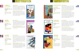 89
b b
LA CANCIÓN
DE ANGELINA
Minaya, Leopoldo
Il. Rebeca Jiménez Pintos
Santo Domingo: Alfaguara,
2011
48 páginas
SÍNTESIS ARGUMENTAL
Angelina conversa con las flores. Camina por los jar-
dines, montada en una canción va por los rosales, se
encuentra con el viento y se pierde: “el viento se la
llevó“… El padre, acompañado por todo el pueblo,
se lanza a su búsqueda por todos los parajes. ¿Dónde
estará? ¿Vivirá? Deciden preguntar al Coquí, porque
nada pasa en Puerto Rico sin que el Coquí no lo
sepa. Él da una respuesta-solución con el misterio de
su sabiduría.
ALGUNAS CARACTERÍSTICAS DE ESTE LIBRO
Poemario conformado por versos sencillos, bien dota-
dos de imaginación y musicalidad. Canto coral de múl-
tiples voces. El texto está acompañado por ilustracio-
nes sugerentes de emotiva plasticidad, que refuerzan
no solo el canto poético muy bien escrito, sino tam-
bién la entrañable tradición que evocan.
PRINCIPALES EJES TEMÁTICOS
Tradición oral. Solidaridad.
(JMLL)
SORPRESAS
DE CARNAVAL
Sánchez Beras, César
Il. Killia Llano
Santo Domingo: Alfaguara,
2009
40 páginas
SÍNTESIS ARGUMENTAL
Gaspar y María se conocen mientras uno va a pescar
y la otra al mercado. Acuerdan en encontrarse esa
misma noche en un baile de disfraces pero olvidan
un gran detalle: preguntar de qué irán disfrazados
cada uno. Como no había celulares en el tiempo en
que se desarrolla la historia… ¿se encontrarán?
ALGUNAS CARACTERÍSTICAS DE ESTE LIBRO
Divertida y simpática obra de teatro, con formato de
comedia, juega con los equívocos y sorpresas para
un reencuentro feliz.PRINCIPALES EJES TEMÁTICOS
Humor. Comedia. Teatro.
CON TIGO DE LA MANO
Helguera, Magdalena
Il. Laura Michell
Buenos Aires: Ediciones SM,
2011
139 páginas
SÍNTESIS ARGUMENTAL
Milagros debe cuidar a su hermano Tiago mientras su
mamá, único sostén del hogar, trabaja. A lo largo de
la historia, Milagros, Tiago/Tigo, la prima de ambos,
Clara y Renzo, un compañero de la protagonista ado-
lescente, mostrarán valentía, solidaridad y madurez
para salvar la vida de Elisa, quien cuida de Clara
cuando sus padres se ausentan de la ciudad.
ALGUNAS CARACTERÍSTICAS DE ESTE LIBRO
Esta novela nos muestra problemas actuales: hermanos
de distintos padres, madres que sostienen su casa sin
contar con la ayuda paterna, los conflictos a los cuales
se enfrentan los hermanos mayores que ayudan en su
casa y las soluciones que van encontrando a los mis-
mos. Con una mirada real pero esperanzadora la autora
uruguaya nos adentra en temáticas propias de esta
época y de las sociedades modernas.
PRINCIPALES EJES TEMÁTICOS
Adolescencia. Amor. Solidari-
dad.
(GB)
(AD)
EL ABUELO MÁS
LOCO DEL MUNDO
Berocay, Roy
Montevideo: Trilce, 1995
96 páginas
SÍNTESIS ARGUMENTAL
Marcos visita Marcos visita a su abuelo Felipe, gran
lector de novelas policiales, e inventor. Teje con él
una relación de camaradería y amor. Se enfrentan a
una banda de malandras que contaminan la playa,
manejados por un empresario con fines lucrativos. Al
mismo tiempo entabla una tierna amistad con una
muchachita y descubre el amor de su abuelo por
Rosario, una señora de su edad.
ALGUNAS CARACTERÍSTICAS DE ESTE LIBRO
La novela ofrece un doble interés en todo momento, la
historia central de suspenso e indagación sobre lo que
ocurre en la playa y por otra parte, vínculos de amor.
Libro recomendado por IBBY, sección Uruguay 1995.
PRINCIPALES EJES TEMÁTICOS
Abuelos. Aventura.
(GP)
ALARMA ROJA
Sinal vermelho
Helguera, Magdalena
Il. Rosa González
Buenos Aires: Comunicarte,
2005
24 páginas
SÍNTESIS ARGUMENTAL
El primo de Carla relata las consecuencias que ocasiona
la presencia de una araña en su prima y en quienes la
rodean, objetos, tías. Estas reacciones son muy extra-
ñas, exteriorizan miedo y generan una gran batahola
porque Carla está aterrorizada y contagia todo lo que
la rodea hasta el sorpresivo final que nadie imagina en
el que se revela la estrategia del chico.
ALGUNAS CARACTERÍSTICAS DE ESTE LIBRO
Es un monólogo interior que va llevando al lector por
los distintos estados emocionales muy bien descrip-
tos que vive la niña y deja al desnudo la crueldad del
narrador. El suspenso va en aumento y también el
deseo de saber cómo y cuándo acaba el cuento. Este
libro obtuvo 1er. Premio Concurso Cuentos Infantiles:
Los niños del Mercosur, edición bilingüe castellano-
portugués, 2005.
PRINCIPALES EJES TEMÁTICOS
El miedo como disparador de
fantasías. Los niños y sus crue-
les maneras de molestarse.
(GP)
EL PRÍNCIPE
DE BLANCANIEVES
Ramos, Juan Antonio
Il. Ivar Da Coll
Bogotá: Editorial Norma, 1997
128 páginas
SÍNTESIS ARGUMENTAL
Jorge debe besar en la obra escolar Blancanieves a
Edna, de quien está enamorado. Mientras Jorge-Prínci-
pe se bate en su gran dilema de besar a Blancanieves-
Edna, transcurre la vida familiar y social en el país que
le ha tocado vivir, donde la mayor esperanza le llega al
niño llega como una maldición del destino.
ALGUNAS CARACTERÍSTICAS DE ESTE LIBRO
Novela escrita en segunda persona que facilita al
protagonista contar la acción y darnos sus pensa-
mientos, angustias y esperanzas. Con lenguaje colo-
quial puertorriqueño aborda el tema de la inmigra-
ción que se impone como salida a los adultos y gol-
pea al mundo de los pequeños.
PRINCIPALES EJES TEMÁTICOS
Pobreza. Violencia familiar.
Amor.
(JMLL)
88
 