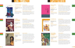 103102
c c
EL VUELO
DEL MURCIÉLAGO
BARBA DE PÉTALO
Vera Vargas, Carlos
La Paz: Alfaguara, 2009
117 páginas
SÍNTESIS ARGUMENTAL
Mauri extraña a su padre que vive y trabaja en Espa-
ña. El tío es experto en murciélagos y juntos perge-
ñan un modo para que su papá se sienta más próxi-
mo. Informes paralelos sobre murciélagos se entre-
cruzan con la historia familiar.
ALGUNAS CARACTERÍSTICAS DE ESTE LIBRO
Un texto informativo que abre y cierra de manera
informal el libro y se detiene en explicar y defender a
los murciélagos. Se entabla una original analogía de
historias paralelas entre los humanos migrantes y los
murciélagos que también migran. Este libro obtuvo
Premio Nacional de Novela Juvenil, 1era.versión, 2009.
PRINCIPALES EJES TEMÁTICOS
Inmigración. Familia. Medio
ambiente.
TATUAJE MAYOR
Vallejo Canedo, Gaby
Cochabamba: Los amigos del
Libro, 2009
102 páginas
SÍNTESIS ARGUMENTAL
Ylonka en el velorio de su abuela halla un diario
escrito 50 años antes. Leer el diario de la abuela es
narrar una doble historia intergeneracional entre
mujeres de dos siglos que viven situaciones simila-
res, la violencia las separa. Ylonka se enamora de un
muchacho pandillero que pertenece a una tribu urba-
na quien enfrentado con otros grupos, pierde su
vida. Las vidas de las dos mujeres –abuela y nieta–
están atravesadas por la pérdida y la muerte.
ALGUNAS CARACTERÍSTICAS DE ESTE LIBRO
La novela está narrada en primera y tercera persona,
un logro narrativo y entabla un paralelismo entre las
juventudes de dos mujeres. Relato potente, sin alti-
bajos.
PRINCIPALES EJES TEMÁTICOS
Pandillas. Violencia. El amor
de la abuela como refugio
reparador.
(GP)
(GP)
LA PLUMA DE MIGUEL
Mesa de Inchauste, Isabel
Il. Guiomar Mesa
La Paz: Editorial Gisbert, 2008
312 páginas
SÍNTESIS ARGUMENTAL
Los guardianes del cielo se descuidan y demonios
roban nada menos que la conciencia humana. La
esconden en la zona andina. Dios encomienda a
arcángeles, al mando de Miguel, que la recuperen.
Como humanos, hacen un largo camino colmado de
aventuras con humor y suspenso para lograrlo. La
historia se desenvuelve en el siglo XVII.
ALGUNAS CARACTERÍSTICAS DE ESTE LIBRO
La narración enfrenta al bien y al mal, la diversidad
cultural y la libertad de elección que tiene el ser
humano frente a cada acto. Es interesante la recrea-
ción de época. Este libro obtuvo Premio Literatura
infantil ENKA de Colombia 1998.
PRINCIPALES EJES TEMÁTICOS
El bien y el mal en la concien-
cia humana. Historia del siglo
XVII ficcionalizada.
(GP)
LA CUERDA FLOJA
Bojunga Nunes, Lygia
México: Alfaguara, 1984
41 páginas
SÍNTESIS ARGUMENTAL
María, hija de equilibristas, emprende una búsqueda
dentro de sí misma con el fin de comprender su his-
toria familiar y proseguir, con seguridad, enfrentando
las adversidades, pérdidas y adaptaciones que la vida
impone. Con el intento de adaptarse, recurre al sue-
ño y a la memoria afectiva para poder hacer sus pro-
pias opciones.
ALGUNAS CARACTERÍSTICAS DE ESTE LIBRO
Lygia Bojunga, a quien han concedido importantes
premios como el Premio Jabuti y el Premio Hans
Christian Andersen es autora de este cuento donde el
lector se siente llevado a caminar con el personaje
que busca equilibrarse entre el presente y el pasado,
o sea, lo que ha vivido, reconstruir su pasado a tra-
vés de la memoria y, así, experimentar el futuro que
está por venir, en una historia que celebra la vida
con sus retos y reinicios.
PRINCIPALES EJES TEMÁTICOS
Pérdida. Reconstrucción.
Opciones.
LEER, ESCRIBIR
Y HACER CUENTAS
DE MEMORIA
Campos de Queirós, Bartolomeu
Trad. Alberto Jiménez Rioja
São Paulo: Global, 2006
75 páginas
SÍNTESIS ARGUMENTAL
Este libro narra la historia de un niño que, en las
relaciones familiares, experimenta las emociones del
aprender. Y su aprendizaje va más allá de las letras y
de las matemáticas, una vez que él tiene que viven-
ciar la enfermedad y la pérdida de su madre. Los
recuerdos afectivos y recordaciones van a revelar los
sentimientos en torno de esta pérdida mientras la
vida sigue su curso.
ALGUNAS CARACTERÍSTICAS DE ESTE LIBRO
Libro que nos muestra la delicadeza de la obra de
Bartolomeu Campos de Queirós. Con esta obra el
escritor recibió el Premio Hors-Concours FNLIJ (Fun-
dação Nacional do Livro infantil e juvenil), en 1996,
y el Premio Monteiro Lobato Brazilian Book Magazi-
ne/Fundação Biblioteca Nacional, en 1997.
PRINCIPALES EJES TEMÁTICOS
Infancia. Pérdida. Recuerdos.
(AF&NL)
(AF&NL)
ENTRE LA ESPADA
Y LA ROSA
Colasanti, Marina (texto
e imágenes)
Trad. Beatriz Peña
Bogotá: Babel Libros, 2007
No numerado
SÍNTESIS ARGUMENTAL
Obra que nos recuerda las historias oídas desde siem-
pre que hacen parte de nuestra memoria, difundidas
en el contar y contar otra vez a lo largo del tiempo,
que son los cuentos de hadas. Este libro expone
acontecimientos, desventuras y alegrías que envuel-
ven al ser humano, revelando la marca de una autora
que invierte en la fantasía, en la imaginación y en la
creatividad como características de sus historias.
ALGUNAS CARACTERÍSTICAS DE ESTE LIBRO
Libro de cuentos de Marina Colasanti que presenta diez
narraciones, ilustradas por la autora, con desenlaces
que envuelven al lector, en una atmósfera de fanta-
sía y revelan el poder y la fuerza de la fabulación.
PRINCIPALES EJES TEMÁTICOS
Imaginación. Transformacio-
nes. Identidad.
(AF&NL)
 