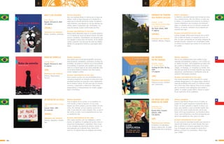 105104
c c
RABO DE ESTRELLA
Lacerda, Nilma
Bogotá: Ediciones B, 2007
64 páginas
SÍNTESIS ARGUMENTAL
Tres cuentos que a través del narcotráfico, los busca-
dores de basura, recicladores, cartoneros y el abuso de
autoridad, nos ponen en contacto con lo más profundo
de la pobreza, la injusticia, pero también con la espe-
ranza en un futuro mejor en las zonas marginales urba-
nas de Brasil donde los jóvenes y los niños sueñan,
luchan, trabajan y sufren.
ALGUNAS CARACTERÍSTICAS DE ESTE LIBRO
Estos cuentos escritos con una sensibilidad única y
una pluma magistral nos llevarán al centro de la mar-
ginalidad brasileña tan parecida a otras marginalida-
des en América Latina. Un libro para que los lectores
conozcan, comprendan y reflexionen sobre temas
desgarradores y contemporáneos sin acudir a golpes
bajos ni facilismos.
PRINCIPALES EJES TEMÁTICOS
Pobreza. Marginalidad.
Ternura.
(AD)
DE NOCHE EN LA CALLE
Lago, Angela (texto e imáge-
nes)
Caracas: Ekaré, 1999
No numerado
SÍNTESIS ARGUMENTAL
Entre el ajetreo de los coches, en un semáforo, un
niño transita y todos lo ignoran o lo ven como
alguien que ofrece peligro y provoca miedo a las per-
sonas. Sin embargo, en esos espacios vacíos de la
calle, lo que desea él, como cualquier niño, es que le
den cariño, lo amen, con la expectativa de una nue-
va realidad de vida.
ALGUNAS CARACTERÍSTICAS DE ESTE LIBRO
Este cuento muestra, solo con imágenes y colores
fuertes, sin palabras, la realidad de muchos niños en
situaciones de desamparo y abandono. Libro al que
le han otorgado una docena de premios, incluso, ha
sido publicado por la Abrams Press, Nueva York,
entre los 16 mejores libros de imágenes del mundo.
PRINCIPALES EJES TEMÁTICOS
Infancia. Abandono. Posibili-
dad.
(AF&NL)
ENIGMAS DE HUASAO
Una historia peruana
Savaget, Luciana
Trad. Alberto Jiménez Rioja
Il. Gonzalo Cárcamo
São Paulo: Global, 2008
37 páginas
SÍNTESIS ARGUMENTAL
La desierta y desolada Huasao está cercada por enig-
mas y premoniciones. Allí vive Hilaria, la mujer que
le repasa, a la narradora de la historia, los hechos y
sucesos enigmáticos que envuelven esa milenaria
aldea. La narradora da voz a la historia contada por
Hilaria y, al hacerlo, mantiene viva la leyenda que
envuelve ese lugar.
ALGUNAS CARACTERÍSTICAS DE ESTE LIBRO
Luciana Savaget utiliza como escenario de su narra-
ción la aldea de Huasao, al noroeste de Cuzco, en
Perú. Su obra, enriquecida por las bellas imágenes de
Gonzalo Cárcamo, comparte con sensibilidad y belle-
za estética los enigmas que existen en el entorno de
ese pueblo.
PRINCIPALES EJES TEMÁTICOS
Tradición. Relatos. Enigmas.
(AF&NL)
MAX Y LOS FELINOS
Scliar, Moacyr
Bogotá: Ediciones B, 2006
104 páginas
SÍNTESIS ARGUMENTAL
Max vive asustado desde la infancia por la figura de
felinos, como un tigre disecado en la tienda de su
padre que le infunde muchísimo miedo. En determi-
nado momento, esas figuras son las que detonan los
miedos reales e imaginarios que, acumulados a lo
largo del tiempo, acaban confrontados por Max.
ALGUNAS CARACTERÍSTICAS DE ESTE LIBRO
Moacyr Scliar demuestra vigor en su opción temática
y en la manera de narrar esa densa historia, de modo
preciso y dinámico, ofreciéndonos una narración que
va a agradar a varios tipos de lectores, de los adoles-
centes y jóvenes a las personas de todas las edades,
debido a la perspectiva histórica y psicológica abor-
dada.
PRINCIPALES EJES TEMÁTICOS
Miedos. Conflicto. Confronto.
(AF&NL)
UN VIEJO QUE LEÍA
NOVELAS DE AMOR
Sepúlveda, Luis
Il. Luis Scafati
Buenos Aires: Tusquets
editores, 2009
136 páginas
SÍNTESIS ARGUMENTAL
Antonio José Bolívar Proaño vive en El Idilio, un
pueblo de la región amazónica ecuatoriana de los
shuar; con ellos aprendió a respetar la selva y sus
leyes, pero también a cazar al temible tigrillo. Dos
veces al año recibe novelas de amor (de las que
hacen sufrir) que le apasionan. Los forasteros desco-
nocen cómo enfrentarse a una fiera enloquecida por-
que le han matado las crías. José sí lo sabe.
ALGUNAS CARACTERÍSTICAS DE ESTE LIBRO
Es una novela de intensidad narrativa que muestra la
relación del hombre con la selva salvaje. Pero tam-
bién se detiene en la fuerza reparadora de la litera-
tura. El lenguaje que se emplea da cuenta de la
belleza y el horror sin concesiones. Premio Tigre
Juan (1988).
PRINCIPALES EJES TEMÁTICOS
El hombre y la naturaleza.
Apego y destrucción. El poder
transformador de la literatura.
(GP)
UN SECRETO
EN MI COLEGIO
Dossetti, Ángela
Il. Carolina Savard
Santiago de Chile: Zig Zag,
2009
174 páginas
SÍNTESIS ARGUMENTAL
Ema es una preadolescente cuyos padres se han
separado recientemente y regresa a vivir a Chile con
su madre y hermano. Está enojadísima por dejar ami-
gos y padre en República Dominicana. En el nuevo
colegio, en Santiago, un compañero se suicida. Ema
descubre que atrás de esa fatal situación hay oscuras
represiones, autoritarismos y humillantes actos de
violencia entre grupos escolares.
ALGUNAS CARACTERÍSTICAS DE ESTE LIBRO
Una novela atrapante y bien tramada. Sin ocultar
verdades desgarradoras y sin golpes bajos, aborda el
tema del pandillaje entre pares y la violencia simbó-
lica y física que sufren algunos niños en las escuelas
que se muestran como ejemplares para madres y
padres. La verdad, aunque difícil, siempre es garan-
tía de superación de los problemas.
PRINCIPALES EJES TEMÁTICOS
Violencia escolar. Solidari-
dad. Superación.
(GB)
 