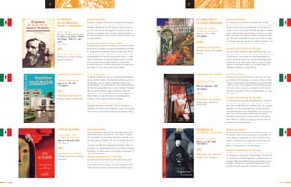 115114
c c
REPÚBLICA MUTANTE
Sandoval, Jaime Alfonso
México: Ed. SM, 2002
216 páginas
SÍNTESIS ARGUMENTAL
La familia Topete Ruíz vive en la colonia semimargina-
da de Martires Aztecas. Son bastante atípicos, pero no
existe duda, son un equipo. Don Pepe, hombre con
gran iniciativa, es convencido por una «gran empresa»
de tomar la oportunidad de su vida: inmigrar a Pangea.
País de oportunidades, lugar maravilloso donde las
sociedad es justa y el medio ambiente no se deteriora.
Pepe Topete, el hijo, nos narra las aventuras de su
familia en este supuesto paraíso terrenal.
ALGUNAS CARACTERÍSTICAS DE ESTE LIBRO
Epopeya hilarante. Narración irónica, inteligente y
mordaz que motiva a una reflexión sobre la situación
de la vida en comunidad. Premio Gran Angular 2001.
PRINCIPALES EJES TEMÁTICOS
Humor. Familia. Inmigración.
(RC)
EL CABALLERO DE
LA NEGRA ARMADURA
Rendón Ortiz, Gilberto
Il. Beatriz G. de Velasco
México: Junco, 2007
153 páginas
SÍNTESIS ARGUMENTAL
La historia nos cuenta las aventuras de un niño
pobre llamado Timm desde el momento que es salva-
do por una pócima extraordinaria, en el mismo ins-
tante se salva el príncipe Richard, heredero de Ingla-
terra. Ambos están relacionados y después de varios
años coinciden en Londres donde un dragón, el últi-
mo, necesita aniquilar a los dos para tomar de ellos
la energía vital que lo hará un terrible monstruo. Por
supuesto, al final hay una tremenda batalla.
ALGUNAS CARACTERÍSTICAS DE ESTE LIBRO
Una novela de caballería llena de referencias a los
grandes clásicos del género, incluyendo El Quijote de
la Mancha, en este juego de intertextualidades el
autor cautiva al lector con nuevas interpretaciones
paródicas de los personajes clásicos como el mago
Merlín, el príncipe heredero, el terrible dragón, el
caballero andante, la bruja Mimm.
PRINCIPALES EJES TEMÁTICOS
Parodia. Novelas de caballería.
Humor.
DIARIO DE UN OSTIÓN
Aguilera García, Flor
Il. Alberto Pez
México: Alfaguara, 2009
152 páginas
SÍNTESIS ARGUMENTAL
Isabel es una chica de dieciseis años con una vida
por delante. Sin embargo, un día su valiosa cotidia-
nidad se interrumpe, cae enferma. En esta obra ella
cuenta cuáles son sus deseos, sentimientos y expe-
riencias; qué es lo que ve y cómo lo ve. Los textos
muestran esperanza frente a la adversidad, son pala-
bras frescas.
ALGUNAS CARACTERÍSTICAS DE ESTE LIBRO
La estructura en forma de diariode la obra conduce a
los lectores a lo largo de un año, su estilo narrativo
permite una identificación rápida y fácil con la prota-
gonista y con las situaciones por las que atraviesa.
Los adolescentes se ven reflejados en las historias de
amor, las controversias y deducciones de Isabel.
Al mismo tiempo que la autora escribe sobre temas
más reflexivos, serios, es capaz de hacerlo sobre cir-
cunstancias llenas de humor.
PRINCIPALES EJES TEMÁTICOS
Adolescencia, identidad,
enfermedad.
BIOGRAFÍA DE
UN PAR DE ESPECTROS
Quezada, Juan Carlos
México: Ed. SM, 2009
180 páginas
SÍNTESIS ARGUMENTAL
Pueden existir amistades de muy diversos tipos, la
de Daniel y Chong Lee era especial, en realidad un
poco extraña, porque uno es niño y el otro es fan-
tasma. Un espectro que además de hacer cosas de
espectros tienen la habilidad de meterse en los
libros e interactuar con los personajes.
ALGUNAS CARACTERÍSTICAS DE ESTE LIBRO
Desde las primeras páginas el humor aparece expues-
to en diversas situaciones disparatadas. El estilo de
la narración es nítido, ingenioso y afortunado en el
manejo de las transformaciones que desean los per-
sonajes. Chong Lee, el personaje que narra, hace
guiños al lector para que continúe en la aventura.
PRINCIPALES EJES TEMÁTICOS
Humor. Amor. Juventud.
(LGG)
(RC)
(RC)
SÍNTESIS ARGUMENTAL
Copo de Algodón, hija de la princesa de Tacuba y de
Moctezuma rey de los aztecas, narra desde su visión
las costumbres de un pueblo milenario: comidas, cos-
tumbres, guerras floridas. Un día su mundo se derrum-
ba y nunca vuelve a ser igual, ella es testigo de la
conquista de México: la llegada de Hernán Cortés, la
muerte de su padre, Moctezuma, es la historia antigua
de México. La obra recrea la fascinante cosmovisión y
vida de este pueblo.
ALGUNAS CARACTERÍSTICAS DE ESTE LIBRO
La lectura de este título es una oportunidad para
los jóvenes de acercarse a la historia a través de
una mirada fresca y nueva. El lector quedará moti-
vado para investigar y conocer más sobre el tema.
PRINCIPALES EJES TEMÁTICOS
Historia mexicana, aventura,
identidad.
COPO DE ALGODÓN
García Esperón, María
Il. Marcos Almada Rivero
México: El Naranjo, 2010
136 páginas
(RC)
EL QUÍMICO
DE LAS PROFECÍAS
Dimitri I. Mendeléiev
García, Horacio
México: Consejo Nacional para
la Cultura y las Artes c/ Edito-
rial Pangea, 1990 (1ra. edi-
ción)
112 páginas
SÍNTESIS ARGUMENTAL
Cuenta la singular historia de la tabla de los elemen-
tos químicos, con foco central en la vida y obra de
Medelèiv. Relato de sencilla lectura y gran atracción
por las descripciones de lugares y sucesos de época.
Incluye un fragmento de un texto original de Mede-
léiv que permite al lector tomar contacto directo con
su pensamiento.
ALGUNAS CARACTERÍSTICAS DE ESTE LIBRO
La historia de la ciencia se presenta casi como un relato
de aventuras. Contiene un glosario temático que facilita
la comprensión de términos técnicos. Este texto forma
parte de la colección “Viajeros del conocimiento”; muy
recomendables: El inventor del porvenir-James C. Max-
well, El explorador del tiempo-Charles Lyell, El olvida-
do monje del huerto-Gregor Mendel, El alquimista
errante-Paracelso, El hombre de la torre inclinada-Gali-
leo Galilei, El ruso de los perros-Iván Pavlov.
PRINCIPALES EJES TEMÁTICOS
Historia de la ciencia. Divul-
gación científica.
(HT)
 