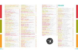 129
128
HISTORIA DEL MUY BANDIDO IGUALADO REBELDE ASTUTO
PÍCARO Y SIEMPRE BAILADOR GÜEGÜENSE -López Vigil, M.
HISTORIA DE UNA GAVIOTA Y DEL GATO QUE LE ENSEÑÓ A
VOLAR -Sepúlveda, Luis .................................................
HISTORIA SOBRE UN CORAZÓN ROTO… y tal vez un par de
colmillos -Brozon, M. B. .................................................
HUGO TIENE HAMBRE -Schujer, Silvia ...............................
IDA Y VUELTA / IDA E VOLTA -Machado, Juárez .................
TIRITAS -Alvado de Lardizábal, Teresita .............................
IRULANA Y EL OGRONTE -Montes, Graciela .......................
JUAN, EL NIÑO CON OJOS COLOR DE NOCHE -Opo .............
JULIETA Y SU CAJA DE COLORES -Pellicer López, Carlos ......
KANE’ WA EL ÁRBOL QUE DABA SED -Jusayú, Miguel Ángel
LA BELLA GRISELDA -Isol ..............................................
LA BRUJITA ATARANTADA -Furnari, Eva ............................
LA CANCIÓN DE ANGELINA -Minaya, Leopoldo ..................
LA CARTA DE TILÍN -Mayo de Rubio, Gladys .......................
LA CHARLA -Averbach, Márgara .......................................
LA CUERDA FLOJA -Bojunga Nunes, Lygia ..........................
LA FÁBRICA DE CRISTAL -Lardone, Lilia .............................
LA FIESTA DE LAS TORTILLAS -Argueta, Jorge ...................
LA FLOR DEL LADO DE ALLÁ -Mello, Roger .......................
LA FLOR MÁS GRANDE DEL MUNDO -Saramago, José ..........
LA GRAN BARCA -Vasco, Irene ........................................
LA LEYENDA DEL REY ERRANTE -Gallego García, Laura ........
LA MAMÁ DE LA MAMÁ DE MI MAMÁ -Schmidt Urzúa, A. ....
LA MARAVILLOSA HISTORIA DEL CERDITO -Rodriguez Castelo, H.
LA MARCA EN LA TIERRA -Rendón, Graciela ......................
LA MARIPOSA AZUL Y OTROS CUENTOS -Ferrer de Arréllaga, R.
LA MISIÓN DEL SARIMA´ -Oxlaj Cúmez, Miguel Ángel .........
LA MUJER DE LOS VIERNES -Dayan, Eduardo ......................
LA MURALLA -Siemens, Sandra .......................................
LA NIÑA, EL CORAZÓN Y LA CASA -Andruetto, M. Teresa ....
LA NIÑA MOMIA Y OTROS CUENTOS -Méndez, Mario .............
LA NIÑA QUE SABÍA VOLAR -López, Nila ..........................
LA NOCHE -Saldaña, Excilia ............................................
LA OVEJA NEGRA Y DEMÁS FÁBULAS -Monterroso, Augusto
LA PAJARITA DE PAPEL -Chase, Alfonso ............................
LA PLUMA DE MIGUEL -Mesa de Inchauste, Isabel .............
LA POBRE VIEJECITA -Pombo, Rafael ................................
LA PRINCESA QUE BOSTEZABA A TODAS HORAS -Gil, Carmen ..
LA RISA CONTAGIOSA -Gamboa, Jaime .............................
LAS AVENTURAS DE PEZ SABUESO Y DON DELFÍN -Sánchez
Beras, C. ......................................................................
LAS CALLES DE ARENA -Roca, Paco ..................................
LAS CARPETAS -Averbach, Adela ......................................
LAS VISITAS -Schujer, Silvia ............................................
LA TRAVESÍA DE LOS ELEFANTES -Sandoval Ávila, Alejandro
LA TURQUESA Y EL SOL -Mesa de Inchauste, Isabel ............
LA VACA QUE SE COMIÓ EL ARCO IRIS -Collado, Delfina ......
LA VENGANZA DEL PIRATA -Carlos Schlaen .......................
LEER, ESCRIBIR Y HACER CUENTAS DE MEMORIA -Campos de
Queirós, Bartolomeu ........................................................
LISA DE LOS PARAGUAS -Bornemann, Elsa ........................
LOS AGUJEROS NEGROS -Reyes, Yolanda ...........................
LOS CUENTOS DE LA CIUDAD DORMIDA -Hidalgo, Héctor ....
LOS GOLES DE JUANCHO -Londoño, Margarita ...................
LOS GUARANÍES -Palermo, Miguel Ángel y Boixadós, Roxana E.
LOS HUESOS SAGRADOS -Goldman, Judy ...........................
LOS IMPOSIBLES -Wolf, Ema ...........................................
LOS MOAIS DE PASCUA -Sierra i Fabra, Jordi ....................
LOS OJOS DEL PERRO SIBERIANO -Santa Ana, Antonio .......
LOS OJOS DE ANA MARTA -Vieira, Alice ............................
LOS SÚPER PREMIOS -Bernasconi, Pablo ...........................
LOS TRES ERIZOS -Sáez Castán, Javier ..............................
LOS VIAJES DEL CAPITÁN TORTILLA -Ivanier, Federico .......
LOS ZAPATOS DE FIERRO -Carballido, Emilio ......................
LLUVIA DE ASTROS. Los inagotables mitos griegos -Butti, E.
MAMÁ NO ES UNA GALLINA -Arciniegas, Triunfo ................
MARCELO, MEMBRILLO, MARTILLO y otras historias
-Rocha, Ruth .................................................................
MARGOT. La pequeña, pequeña historia de una casa en
Alfa Centauri -Malpica, Toño ...........................................
MATEMÁTICA… ¿ESTÁS AHÍ? Sobre números, personajes,
problemas y curiosidades -Paenza, Adrián A. ....................
MATEMÁGICAS -Muñoz Ledo, Norma ..................................
MATEO Y SU GATO ROJO -Rocha, S. y Mancilla Prieto, L. ........
MAX Y LOS FELINOS -Scliar, Moacyr .................................
MI CABALLO -Lázaro, Georgina ........................................
MIRÁ VOS / 21 POEMAS RARITOS -Guerra, F./ González, F. ..
MISTERIO EN EL CABO POLONIO -Velando, Helen ...............
MISTERIO EN LOS PIÑONES -García Huidobro, Beatriz .........
MO -Ríos, Lara ..............................................................
MONA LISA Y EL PALACIO DE LA PAPA FRITA -Canela .........
¡MÚSICA, MAESTRO! -Desclot, Miquel ...............................
NADAR DE PIE -Comino, Sandra .......................................
NADIE QUIERE JUGAR CONMIGO -Keselman, Gabriela .........
NIÑA BONITA -Machado, Ana María ..................................
NO ES FÁCIL, PEQUEÑA ARDILLA -Ramón, Elisa ................
NOSOTROS, LOS CASERTA -Venturini, Aurora ......................
ÓSCAR Y EL LEÓN DE CORREOS -Muñoz Puelles, Vicente ......
PALABRAS ENVENENADAS -Carranza, Maite .......................
PAQUELÉ -Llanes , Julio M. .............................................
PANTUFLAS DE PERRITO -Luján, Jorge ..............................
PAPÁ EL ESCRITOR -Sequera, Armando José .......................
PEQUEÑO DRAGÓN APRENDE A VOLAR -Pérez Aguilar, G. ....
PERROS DE NADIE -Valentino, Esteban ..............................
PICO RICO MANDORICO Y OTROS CUENTOS -Ferré, Rosario ..
¡PIDO CHANCHO! ¡PATA DE GANCHO! -Reyes, M. del Carmen ...
¿POR QUÉ SE RAYÓ LA CEBRA? y otras armas curiosas que
tienen los animales para no ser devorados -Baredes, Carla y
Lotersztain, Ileana .........................................................
PUNTO A PUNTO -Machado, Ana Maria...............................
¿QUERÉS SABER QUÉ SON LAS VITAMINAS Y LOS MINERALES?
-Bombara, Paula ............................................................
QUESÚN. Primer diccionario de astronomía para chicos
-Tignanelli, Horacio ........................................................
¿QUIERES QUE TE LO CUENTE OTRA VEZ? -Leis R., Raúl ......
RABO DE ESTRELLA -Lacerda, Nilma .................................
RANA RANITA -Perera, Hilda ...........................................
RASPADILLA DE LIMÓN -Rosario Vidal, Roberto ..................
REPÚBLICA MUTANTE -Sandoval, Jaime Alfonso .................
RIMAS DE LUNA -Ródenas, Antonia ..................................
RINCÓN BOMBA -Van Bredam, Orlando .............................
ROJO CORAZÓN -Schkolnik, Saúl ......................................
RUTINERO -Madrigal, Níger .............................................
SANA QUE SANA -Ramos, María Cristina ............................
SÓLO TRES SEGUNDOS -Bombara, Paula ............................
SOPA DE ESTRELLAS -Pérez Sabbi, Mercedes ......................
SÉ QUE ESTÁS ALLÍ -Carreras de Sosa, Lydia ......................
SERAFÍN, EL ESCRITOR Y LA BRUJA -Piñeiro, Claudia .........
SHHH -Gedovius, Juan ....................................................
SHOLA Y LOS LEONES -Atxaga, Bernardo ...........................
SIETE HISTORIAS PARA LA INFANTA MARGARITA -Fernández
Pacheco, Miguel ............................................................
SMARA -Carballeira, Paula ...............................................
SOMBRAS Y SOMBRITAS -Quintero, Aramís ........................
SORPRESAS DE CARNAVAL -Sánchez Beras, César ................
SOY NIÑA -Moyano, Liliana .............................................
SUEÑO AYMARA -Zamora, Aníbal Eduardo León ..................
TATUAJE MAYOR -Vallejo Canedo, Gaby .............................
TEATRO POR TRES DE LA CABEZA A LOS PIES -Basch, Adela;
Erbiti, Alejandra y Sevilla, Fabián .....................................
TÉ DE PALACIO -Arispe, Nicolás .......................................
TENER UN PATITO ES ÚTIL -Isol .......................................
TENGO UN MONSTRUO EN EL BOLSILLO -Montes, Graciela ....
TIC TAC -Luján, Jorge .....................................................
TODOS LOS FUTBOLISTAS VAN AL CIELO -Badrán, Pedro ..........
TODOS LOS OSOS SON ZURDOS -Padilla, Ignacio ................
TOLO, EL GIGANTE VIENTO NORTE -Ferreto, Adela ..............
TOMASITO Y LAS PALABRAS -Cabal, Graciela .....................
TRES BUCHES DE AGUA SALADA -Uribe, Verónica ...............
UNA COSA NEGRA -Urberuaga, Emilio ...............................
UNA HISTORIA DE ESTRELLAS -Canillas Sequera, M. Ángeles
UNA LUNA JUNTO A LA LAGUNA -Basch, Adela .................
UNA MASCOTA PARA TÍA ROBERTA -Gutiérrez, Javiera ........
UNA RESPUESTA PARA ALICIA -Rojas, Diego Javier ............
UNA VEZ NACIÓ UNA FLOR -Michelena, Gustavo ................
UNA VIEJA REDONDA -Vian Altarriba, Ivette .....................
UN BARCO MUY PIRATA -Roldán, Gustavo .........................
UN BICHO RARO -Morán, José y Rodero, Paz .....................
UN GLOBO DE LUZ ANDA SUELTO -Maritano, Alma .............
UN GRAN SUEÑO -Ugalde, Felipe .....................................
UN SECRETO EN MI COLEGIO -Dossetti, Ángela ..................
UN VIEJO QUE LEÍA NOVELAS DE AMOR -Sepúlveda, Luis ...
ÚRSULA -Vieira, Alice ....................................................
VALERIA Y EL POBRE MIEDO -Giardinelli, Mempo ...............
VIAJE POR EL PAÍS DEL SOL -Leonor, Bravo ......................
WAYRA RUNA. Un ensueño de amor -Valle Tejeda, Maritza
YO LAS QUERÍA -Martinez i Vendrell, Maria ........................
ZACARÍAS -Linares, Verónica ...........................................
POR AUTOR
Accame, Jorge -DIARIO DE UN EXPLORADOR ......................
Actis, Beatriz -CRIATURAS DE LOS MUNDOS PERDIDOS .........
Aguilera García, Flor -DIARIO DE UN OSTIÓN .....................
Alegría, Claribel -EL NIÑO QUE BUSCABA A AYER ...............
Almada Rivero, Marcos -EL LIBRO DE OSCAR .....................
Alonso, Fernando -EL MISTERIOSO INFLUJO DE LA
BARQUILLERA ................................................................
Alonso, Verónica -EL DESEO MÁS PRECIADO ......................
Alvado de Lardizábal, Teresita -IRITA ..............................
Andrade Barbosa, Rogério -ABC DEL CONTINENTE AFRICANO ....
Andreu, Martín -FLANAGAN BLUES BAND ...........................
Andruetto, María Teresa -LA NIÑA, EL CORAZÓN Y LA CASA .....
Antillano, Laura -DIANA EN LA TIERRA WAYÚU ..................
Antillano, Laura -EMILIO EN BUSCA DEL ENMASCARADO
DE PLATA ......................................................................
Arciniegas, Triunfo -MAMÁ NO ES UNA GALLINA ................
Arévalo, Javier -EL MISTERIO DEL POLLO EN LA BATEA .........
Argueta, Jorge -LA FIESTA DE LAS TORTILLAS ....................
Arispe, Nicolás -TÉ DE PALACIO .......................................
Atxaga, Bernardo -SHOLA Y LOS LEONES ...........................
Averbach, Márgara -LAS CARPETAS ..................................
Averbach, Márgara -LA CHARLA .......................................
Badrán, Pedro -TODOS LOS FUTBOLISTAS VAN AL CIELO ..............
Ballesteros, Xosé -EL PEQUEÑO CONEJO BLANCO ................
Baranda, María -HAGO DE VOZ UN CUERPO ..........................
Baredes, Carla -BICHOS DEL 1 AL 10 ................................
Baredes, Carla -ESAS NO SON MIS PATAS ...........................
Baredes, Carla -¿POR QUÉ SE RAYÓ LA CEBRA? y otras armas
curiosas que tienen los animales para no ser devorados .........
Basch, Adela -TEATRO POR TRES DE LA CABEZA A LOS PIES ......
Basch, Adela -UNA LUNA JUNTO A LA LAGUNA ...................
Basurto, José Ignacio -FÁBULAS MEXICANAS .....................
Bef -CUENTOS DE HADAS PARA CONEJOS ............................
Belli, Gioconda -EL TALLER DE LAS MARIPOSAS ..................
Bernasconi, Pablo -LOS SÚPER PREMIOS ...........................
Berocay, Roy -EL ABUELO MÁS LOCO DEL MUNDO ................
Berríos Hernández, Rubén -EL CARACOL DE CRISTAL ...........
Bialet, Graciela -EL JAMÓN DEL SÁNGUCHE .......................
Birmajer, Marcelo -CICATRICES ........................................
Birmajer, Marcelo -EL ALMA AL DIABLO ............................
Bodoc, Liliana -AMIGOS POR EL VIENTO ..........................
Bodoc, Liliana -CUANDO SAN PEDRO VIAJÓ EN TREN ...........
Boixadós, Roxana Edith -LOS GUARANÍES .........................
Bojunga Nunes, Lygia -LA CUERDA FLOJA ...........................
Bolaños, Luis -GLOBITOS ...............................................
Bombal, Mónica -ANA Y LOS BOTINES ROJOS ....................
Bombara, Paula -¿QUERÉS SABER QUÉ SON LAS VITAMINAS Y
LOS MINERALES? ...........................................................
Bombara, Paula -SÓLO TRES SEGUNDOS .............................
Bornemann, Elsa -LISA DE LOS PARAGUAS .........................
Bravo, Leonor -VIAJE POR EL PAÍS DEL SOL .......................
Briceño Machado, Mariella -ALANAGUA ............................
Brown, Virginia -HAY UNA HORMIGA EN EL BAÑO ...............
Brozon, M.B. -HISTORIA SOBRE UN CORAZÓN ROTO… y tal
vez un par de colmillos ...................................................
52
76
95
119
57
38
119
83
58
31
29
82
101
82
20
104
45
46
120
106
106
19
78
101
17
28
36
95
76
110
107
60
121
23
98
87
16
27
69
26
65
116
104
33
86
114
35
95
30
113
20
98
16
60
25
40
77
77
75
73
88
63
117
102
21
21
17
53
22
106
39
72
26
69
37
43
22
24
17
91
73
18
35
57
39
105
105
118
20
75
117
36
27
116
71
113
62
28
24
25
39
40
91
15
29
88
24
52
103
96
34
67
86
71
109
30
74
100
84
112
100
97
58
99
85
108
112
72
102
31
35
32
45
112
99
52
83
66
32
61
103
55
72
70
71
96
83
96
55
115
75
41
76
61
24
68
110
58
90
120
31
85
34
21
77
99
52
106
38
81
26
27
27
21
22
80
42
43
57
89
80
98
54
97
51
59
96
103
32
31
26
98
55
75
47
46
113
 