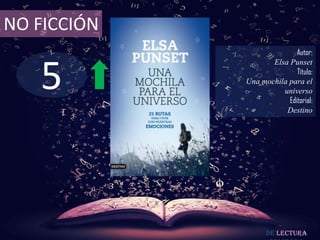 NO FICCIÓN
                            Autor:



   5
                    Elsa Punset
                            Título:
             Una mochila para el
                       universo
                         Editorial:
                        Destino




                   De lectura
 