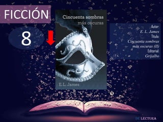 FICCIÓN
                         Autor:



  8
                 E. L. James
                         Título:
          Cincuenta sombras
             más oscuras (II)
                      Editorial:
                    Grijalbo




               De lectura
 