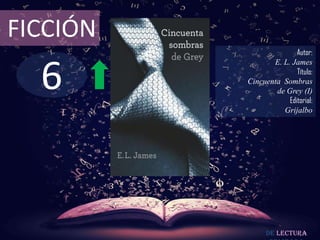FICCIÓN
                         Autor:



  6
                 E. L. James
                         Título:
          Cincuenta Sombras
                  de Grey (I)
                      Editorial:
                    Grijalbo




                De lectura
 