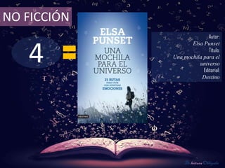 NO FICCIÓN
                            Autor:



   4
                    Elsa Punset
                            Título:
             Una mochila para el
                       universo
                         Editorial:
                        Destino




                  De lectura Obligada
 