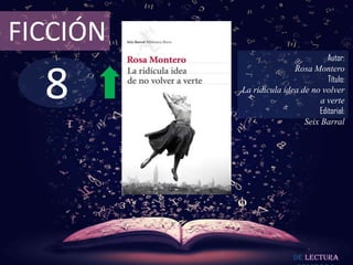 FICCIÓN
                                   Autor:



  8
                         Rosa Montero
                                   Título:
          La ridícula idea de no volver
                                 a verte
                                Editorial:
                            Seix Barral




                          De lectura
 