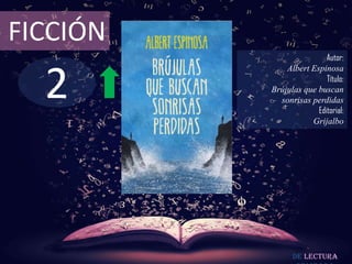 2
FICCIÓN
Autor:
Albert Espinosa
Título:
Brújulas que buscan
sonrisas perdidas
Editorial:
Grijalbo
De lectura
 