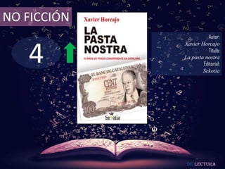 4
NO FICCIÓN
Autor:
Xavier Horcajo
Título:
La pasta nostra
Editorial:
Sekotia
De lectura
 