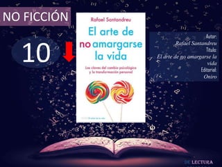 10
NO FICCIÓN
Autor:
Rafael Santandreu
Título:
El arte de no amargarse la
vida
Editorial:
Oniro
De lectura
 
