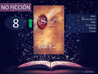 8
NO FICCIÓN
Autor:
Rhonda Byrne
Título:
El Secreto
Editorial:
Urano
De lectura
 