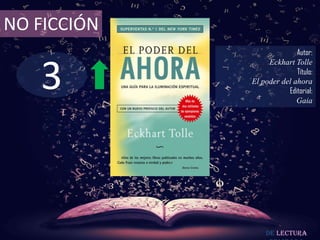 3
NO FICCIÓN
Autor:
Eckhart Tolle
Título:
El poder del ahora
Editorial:
Gaia
De lectura
 