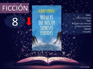 8
FICCIÓN
Autor:
Albert Espinosa
Título:
Brújulas que buscan
sonrisas perdidas
Editorial:
Grijalbo
De lectura
 