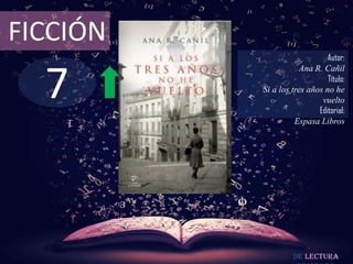 7
FICCIÓN
Autor:
Ana R. Cañil
Título:
Si a los tres años no he
vuelto
Editorial:
Espasa Libros
De lectura
 