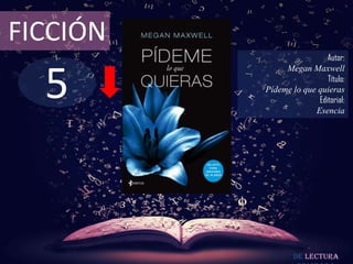 5
FICCIÓN
Autor:
Megan Maxwell
Título:
Pídeme lo que quieras
Editorial:
Esencia
De lectura
 