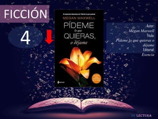 4
FICCIÓN
Autor:
Megan Maxwell
Título:
Pídeme lo que quieras o
déjame
Editorial:
Esencia
De lectura
 