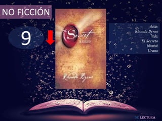 9
NO FICCIÓN
Autor:
Rhonda Byrne
Título:
El Secreto
Editorial:
Urano
De lectura
 