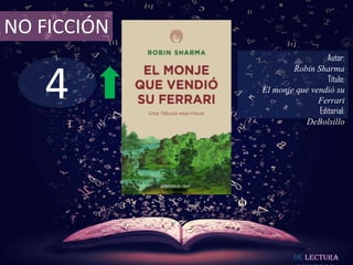4
NO FICCIÓN
Autor:
Robin Sharma
Título:
El monje que vendió su
Ferrari
Editorial:
DeBolsillo
De lectura
 