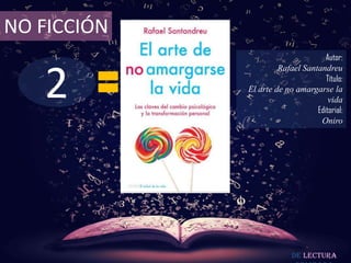 2
NO FICCIÓN
Autor:
Rafael Santandreu
Título:
El arte de no amargarse la
vida
Editorial:
Oniro
De lectura
 
