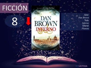 8
FICCIÓN
Autor:
Dan Brown
Título:
Inferno
Editorial:
Planeta
De lectura
 