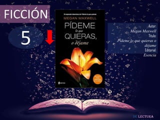 5
FICCIÓN
Autor:
Megan Maxwell
Título:
Pídeme lo que quieras o
déjame
Editorial:
Esencia
De lectura
 