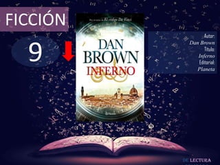 9
FICCIÓN
Autor:
Dan Brown
Título:
Inferno
Editorial:
Planeta
De lectura
 
