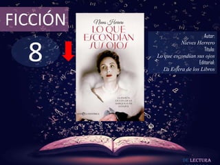 8
FICCIÓN
Autor:
Nieves Herrero
Título:
Lo que escondían sus ojos
Editorial:
La Esfera de los Libros
De lectura
 