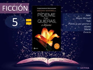 5
FICCIÓN
Autor:
Megan Maxwell
Título:
Pídeme lo que quieras o
déjame
Editorial:
Esencia
De lectura
 