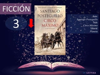 3
FICCIÓN
Autor:
Santiago Posteguillo
Título:
Circo Máximo
Editorial:
Planeta
De lectura
 