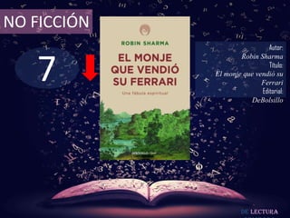 7
NO FICCIÓN
Autor:
Robin Sharma
Título:
El monje que vendió su
Ferrari
Editorial:
DeBolsillo
De lectura
 