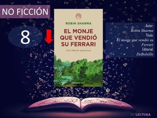 NO FICCIÓN

8

Autor:
Robin Sharma
Título:
El monje que vendió su
Ferrari
Editorial:
DeBolsillo

De lectura

 