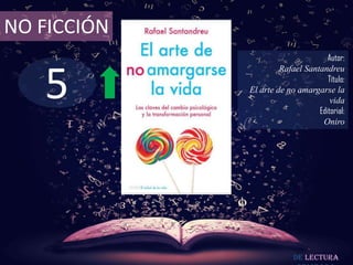 NO FICCIÓN

5

Autor:
Rafael Santandreu
Título:
El arte de no amargarse la
vida
Editorial:
Oniro

De lectura

 