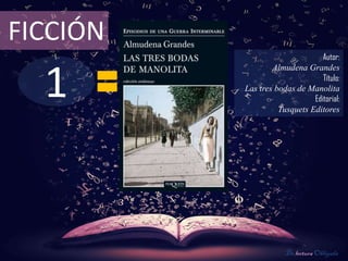 1
FICCIÓN
Autor:
Almudena Grandes
Título:
Las tres bodas de Manolita
Editorial:
Tusquets Editores
De lectura Obligada
 