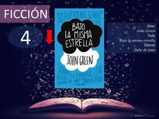 4
FICCIÓN
Autor:
John Green
Título:
Bajo la misma estrella
Editorial:
Nube de tinta
De lectura Obligada
 
