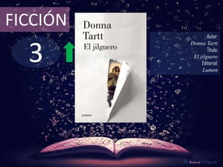 3
FICCIÓN
Autor:
Donna Tartt
Título:
El jilguero
Editorial:
Lumen
De lectura Obligada
 