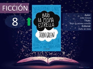 FICCIÓN 
8 
Autor: 
John Green 
Título: 
Bajo la misma estrella 
Editorial: 
Nube de tinta 
De lectura Obligada 
 