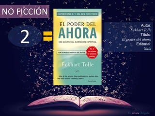2
NO FICCIÓN
Autor:
Eckhart Tolle
Título:
El poder del ahora
Editorial:
Gaia
De lectura Obligada
 