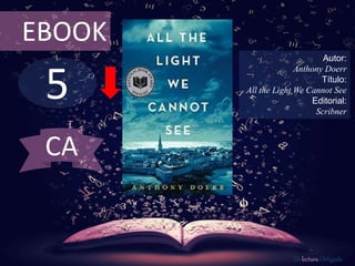 5
EBOOK
Autor:
Anthony Doerr
Título:
All the Light We Cannot See
Editorial:
Scribner
De lectura Obligada
CA
 