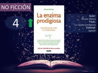 4
NO FICCIÓN
Autor:
Hiromi Shinya
Título:
La enzima prodigiosa
Editorial:
Aguilar
De lectura Obligada
 