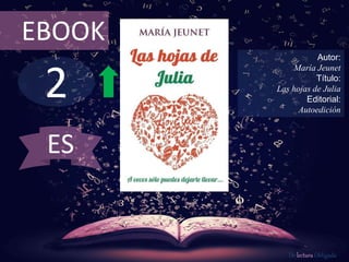 2
EBOOK
Autor:
María Jeunet
Título:
Las hojas de Julia
Editorial:
Autoedición
De lectura Obligada
ES
 