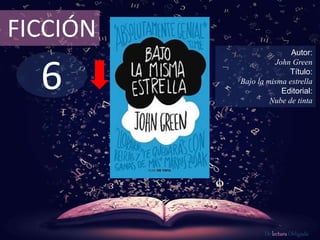 6
FICCIÓN
Autor:
John Green
Título:
Bajo la misma estrella
Editorial:
Nube de tinta
De lectura Obligada
 