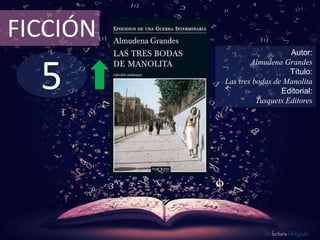 5
FICCIÓN
Autor:
Almudena Grandes
Título:
Las tres bodas de Manolita
Editorial:
Tusquets Editores
De lectura Obligada
 
