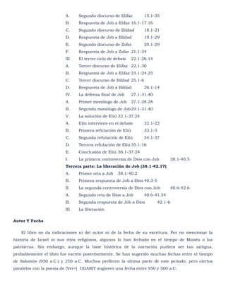 A.     Segundo discurso de Elifaz         15.1-35
                         B.     Respuesta de Job a Elifaz 16.1-17.16
                         C.     Segundo discurso de Bildad         18.1-21
                         D.     Respuesta de Job a Bildad          19.1-29
                         E.     Segundo discurso de Zofar          20.1-29
                         F.     Respuesta de Job a Zofar 21.1-34
                         III.   El tercer ciclo de debate   22.1-26.14
                         A.     Tercer discurso de Elifaz 22.1-30
                         B.     Respuesta de Job a Elifaz 23.1-24.25
                         C.     Tercer discurso de Bildad 25.1-6
                         D.     Respuesta de Job a Bildad          26.1-14
                         IV.    La defensa final de Job     27.1-31.40
                         A.     Primer monólogo de Job      27.1-28.28
                         B.     Segundo monólogo de Job 29.1-31.40
                         V.     La solución de Eliú 32.1-37.24
                         A.     Eliú interviene en el debate       32.1-22
                         B.     Primera refutación de Eliú         33.1-3
                         C.     Segunda refutación de Eliú         34.1-37
                         D.     Tercera refutación de Eliú 35.1-16
                         E.     Conclusión de Eliú 36.1-37.24
                         I.     La primera controversia de Dios con Job              38.1-40.5
                         Tercera parte: La liberación de Job (38.1-42.17)
                         A.     Primer reto a Job   38.1-40.2
                         B.     Primera respuesta de Job a Dios 40.3-5
                         II.    La segunda controversia de Dios con Job              40.6-42.6
                         A.     Segundo reto de Dios a Job         40.6-41.34
                         B.     Segunda respuesta de Job a Dios             42.1-6
                         III.   La liberación

Autor Y Fecha

   El libro no da indicaciones ni del autor ni de la fecha de su escritura. Por no mencionar la
historia de Israel ni sus ritos religiosos, algunos lo han fechado en el tiempo de Moisés o los
patriarcas. Sin embargo, aunque la base histórica de la narración pudiera ser tan antigua,
probablemente el libro fue escrito posteriormente. Se han sugerido muchas fechas entre el tiempo
de Salomón (950 a.C.) y 250 a.C. Muchos prefieren la última parte de este período, pero ciertos
paralelos con la poesía de [Ver=] UGARIT sugieren una fecha entre 950 y 500 a.C.
 