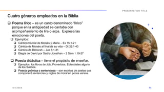  Poema lírico – es un canto denominado “lírico”
porque en la antigüedad se cantaba con
acompañamiento de lira o arpa. Expresa las
emociones del poeta.
 Ejemplos:
 Cántico triunfal de Moisés y María – Ex 15:1-21
 Cántico de Moisés al final de su vida – Dt 32:1-43
 Cántico de Déborah – Jue 5:1-31
 Elegía de David por Saúl y Jonathan – 2 Sam 1:19-27
 Poesía didáctica – tiene el propósito de enseñar.
 Ejemplos: los libros de Job, Proverbios, Eclesiástes alguno
de los Salmos.
 Poesía gnómica o sentenciosa – son escritos de poetas que
component sentencias y reglas de moral en pocos versos.
9/3/20XX
PRESENTATION TITLE
14
Cuatro géneros empleados en la Biblia
 