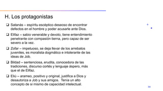 H. Los protagonistas
 Satanás – espíritu escéptico deseoso de encontrar
defectos en el hombre y poder acusarle ante Dios.
 Elifaz – sabio venerable y devoto, tiene entendimiento
penetrante con compasión tierna, pero capaz de ser
severo a la vez.
 Zofar – impetuoso, se deja llevar de los arrebatos
juveniles, es moralista dogmático e intolerante de las
ideas de Job.
 Bildad – sentenciosa, erudita, conocedora de las
tradiciones, discurso cortés y lenguaje áspero, más
que el de Elifaz.
 Eliú – arameo, positivo y original, justifica a Dios y
desautoriza a Job y sus amigos. Tenía un alto
concepto de si mismo de capacidad intelectual.
34
 