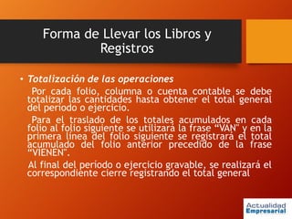 Forma de Llevar los Libros y
Registros
• Totalización de las operaciones
Por cada folio, columna o cuenta contable se debe
totalizar las cantidades hasta obtener el total general
del período o ejercicio.
Para el traslado de los totales acumulados en cada
folio al folio siguiente se utilizará la frase “VAN" y en la
primera línea del folio siguiente se registrará el total
acumulado del folio anterior precedido de la frase
“VIENEN".
Al final del período o ejercicio gravable, se realizará el
correspondiente cierre registrando el total general
 