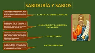 ESCUELAS PRIVADAS
LAANTIGUA SABIDURÍA POPULAR
LA MONARQUÍA Y LA SABIDURÍA
EN LA CORTE
LOS SANTUARIOS
Como sucede en todos los pueblos, la más
antigua sabiduría israelita tiene su origen en
la vida del pueblo, adoptando elementales
formas orales.
Generalmente se asocia con el
establecimiento de la monarquía la
aparición de esa específica corriente cultural
que llamamos “sabiduría”, que encuentra su
medioambiente más adecuado en la
corte.
Los santuarios, con su cuerpo de sacerdotes
y sus propios escribas, fueron foco de una
fuerte actividad cultural, más relacionada
probablemente con la conservación y
transmisión de las tradiciones
religiosas de las tribus.
De aquí se pueden deducir no sólo la
existencia de escuelas en el Antiguo Israel,
sino también un dato sobre su naturaleza:
los alumnos podían “vivir” en ella.
 