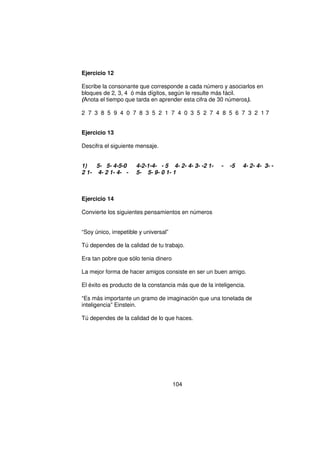 Ejercicio 12

Escribe la consonante que corresponde a cada número y asociarlos en
bloques de 2, 3, 4 ó más dígitos, según le resulte más fácil.
(Anota el tiempo que tarda en aprender esta cifra de 30 números).

2 7 3 8 5 9 4 0 7 8 3 5 2 1 7 4 0 3 5 2 7 4 8 5 6 7 3 2 17


Ejercicio 13

Descifra el siguiente mensaje.


1)   5- 5- 4-5-0      4-2-1-4- - 5 4- 2- 4- 3- -2 1-   -   -5   4- 2- 4- 3- -
2 1- 4- 2 1- 4- -     5- 5- 9- 0 1- 1



Ejercicio 14

Convierte los siguientes pensamientos en números


“Soy único, irrepetible y universal”

Tú dependes de la calidad de tu trabajo.

Era tan pobre que sólo tenia dinero

La mejor forma de hacer amigos consiste en ser un buen amigo.

El éxito es producto de la constancia más que de la inteligencia.

“Es más importante un gramo de imaginación que una tonelada de
inteligencia” Einstein.

Tú dependes de la calidad de lo que haces.




                                       104
 